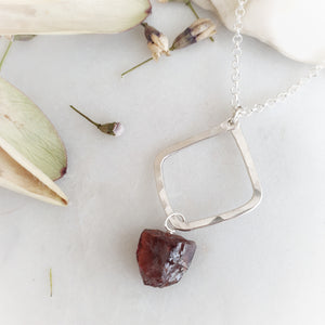 Hammered Geometric Necklace | Raw Garnet | Sterling Silver