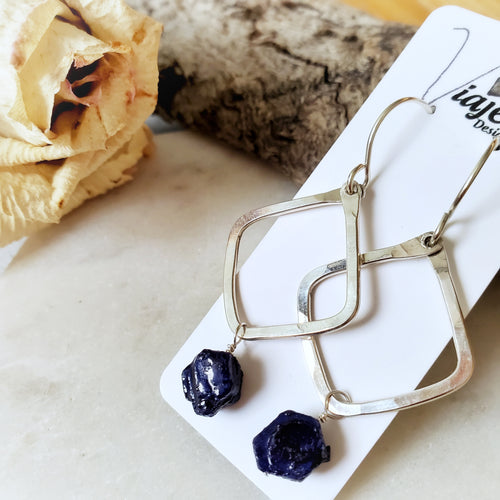 Hammered Geometric Earrings | Raw Sapphire | Sterling Silver